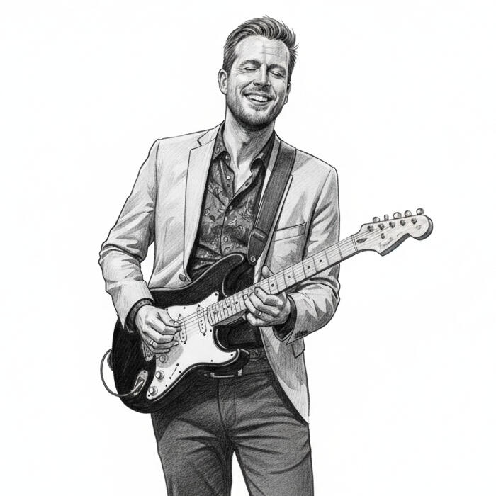 Wist je dat ik vernoemd ben naar de gitarist Eric Clapton? Eric als gitarist (via Nano Banana).